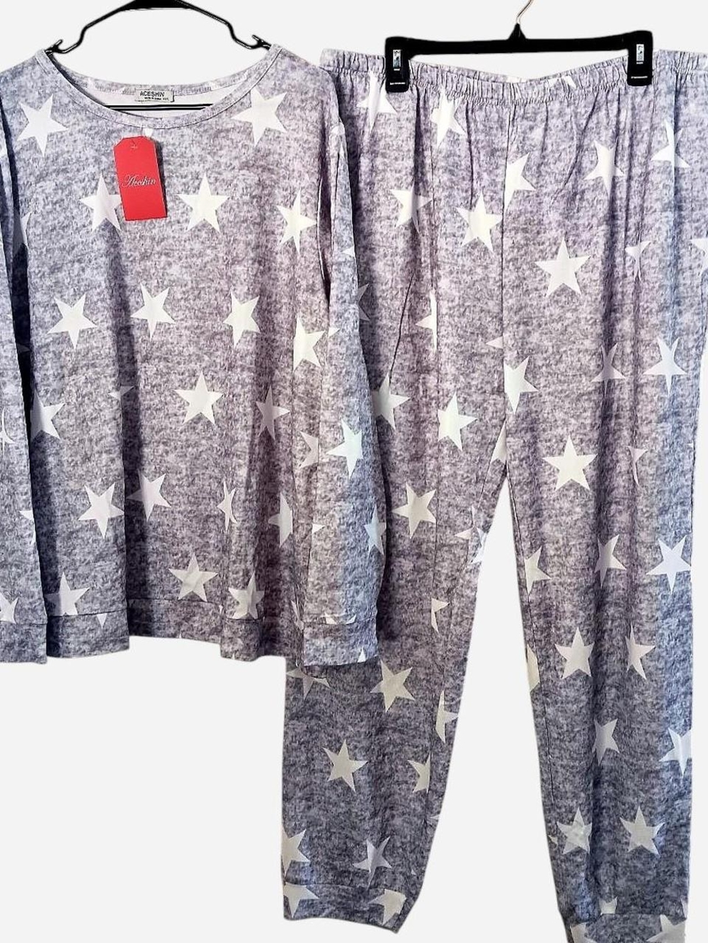 Women's Star Print Pajama Set - Gray & White